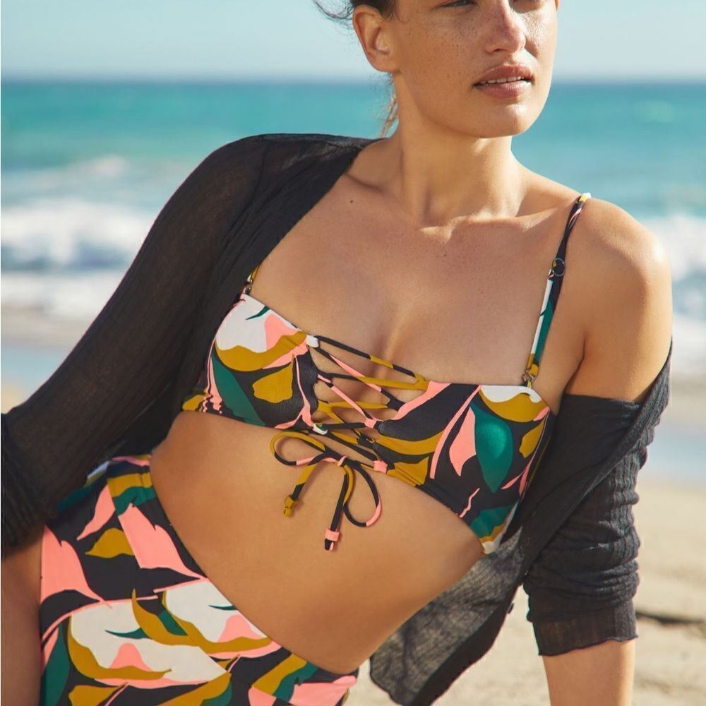 Maaji Multicolor Lace-Up Bikini Top in Pink, Green & Mustard